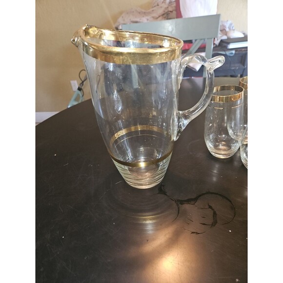 VINTAGE MCM COCKTAIL PITCHER With 4 Glasses 4 Martini GREAT HEAVY GOLD TRIM - Picture 3 of 7
